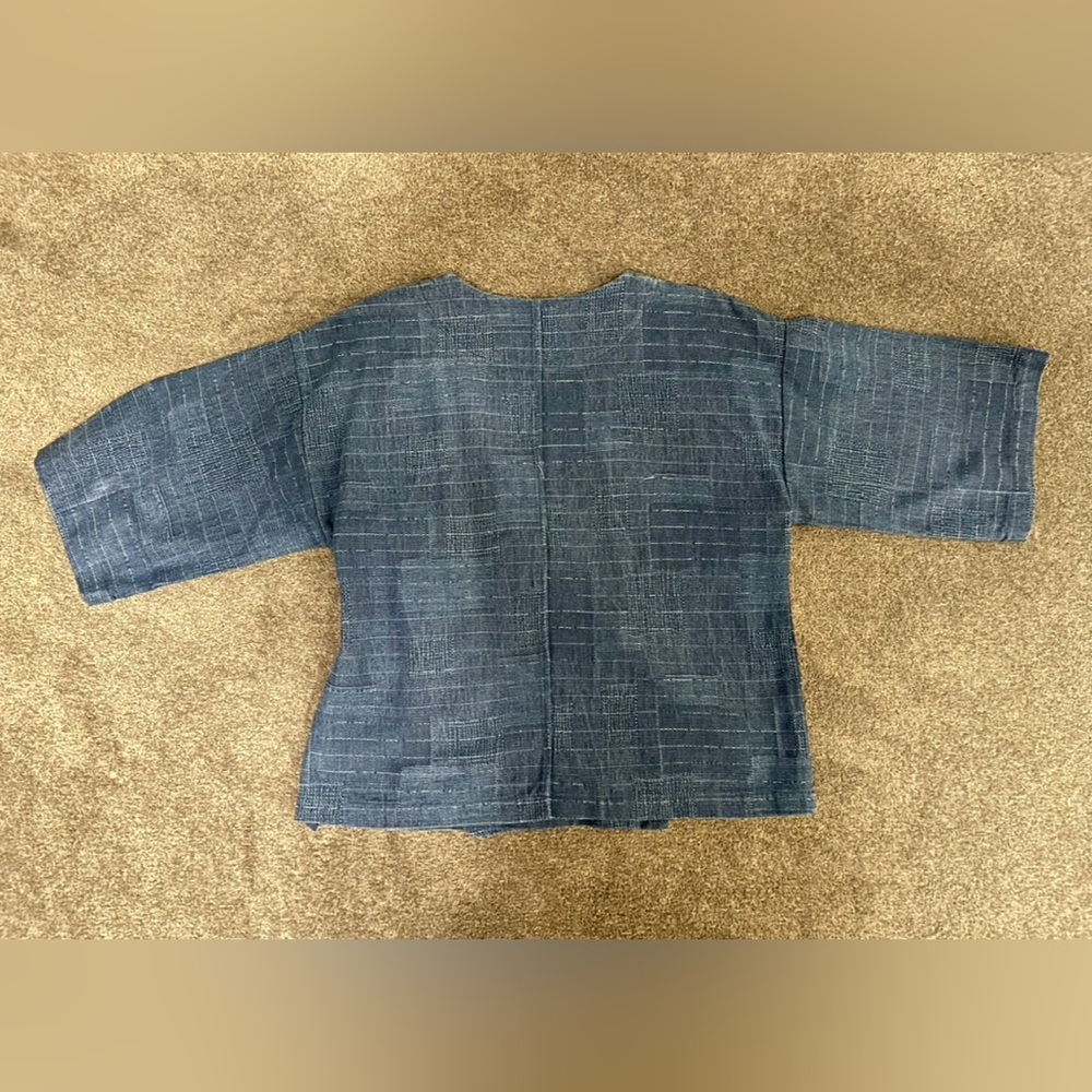 Eileen Fisher Blue Linen Asian Wrap Top with Ring Closure Detail - Picture 3 of 8